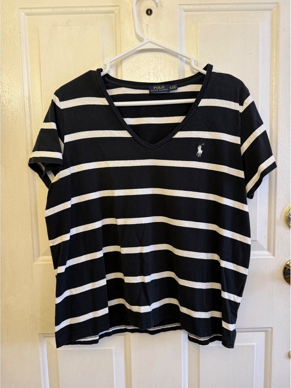 Polo Ralph Lauren women’s size XL black white stripe v neck tee shirt